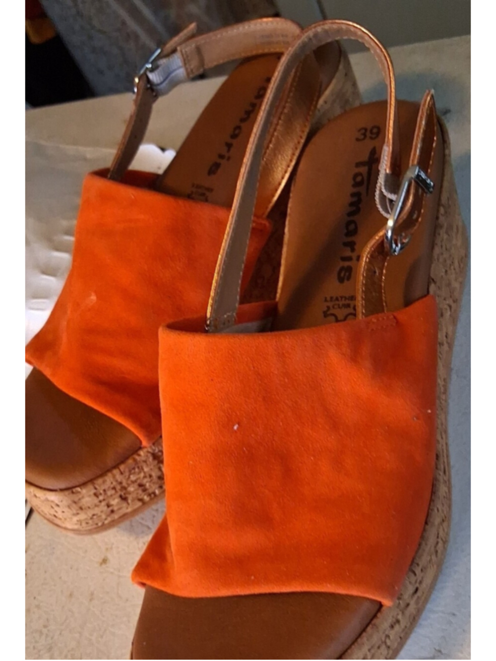 Tamaris Orange Suede Cork Wedge Sandals 39